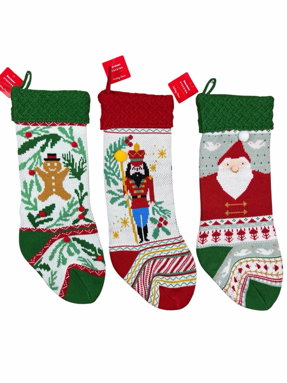 World Market Knit Christmas Stocking Set - Gingerbread Man, Nutcracker, Santa